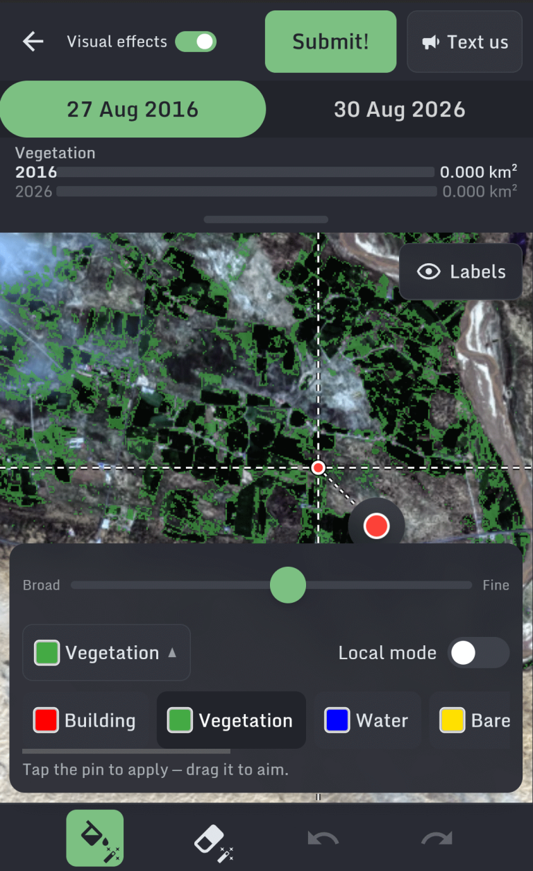 SATIFY game showing satellite imagery with painted land-cover labels and classification controls.